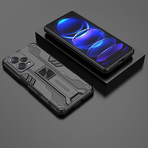 Silikon Hülle Handyhülle und Kunststoff Schutzhülle Hartschalen Tasche mit Magnetisch Ständer KC2 für Xiaomi Redmi Note 12 Pro+ Plus 5G Schwarz