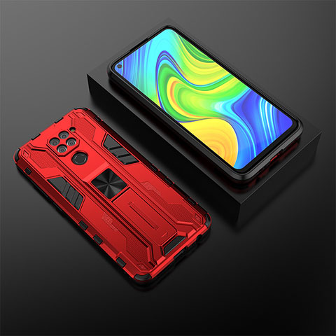 Silikon Hülle Handyhülle und Kunststoff Schutzhülle Hartschalen Tasche mit Magnetisch Ständer KC2 für Xiaomi Redmi Note 9 Rot