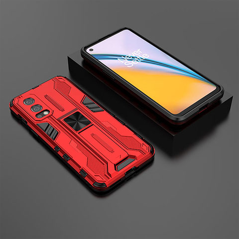 Silikon Hülle Handyhülle und Kunststoff Schutzhülle Hartschalen Tasche mit Magnetisch Ständer KC3 für OnePlus Nord 2 5G Rot