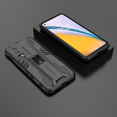 Silikon Hülle Handyhülle und Kunststoff Schutzhülle Hartschalen Tasche mit Magnetisch Ständer KC3 für OnePlus Nord 2 5G Schwarz