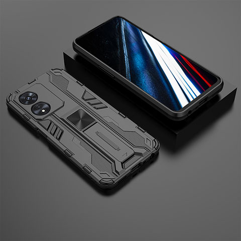 Silikon Hülle Handyhülle und Kunststoff Schutzhülle Hartschalen Tasche mit Magnetisch Ständer KC3 für Oppo A78 4G Schwarz