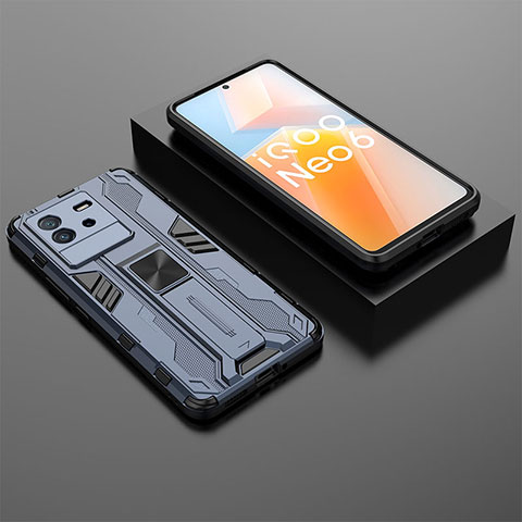Silikon Hülle Handyhülle und Kunststoff Schutzhülle Hartschalen Tasche mit Magnetisch Ständer KC3 für Vivo iQOO Neo6 5G Blau