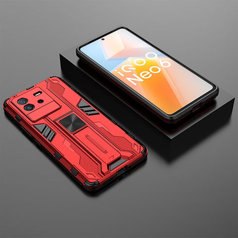 Silikon Hülle Handyhülle und Kunststoff Schutzhülle Hartschalen Tasche mit Magnetisch Ständer KC3 für Vivo iQOO Neo6 5G Rot