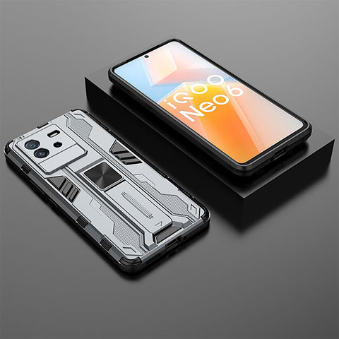 Silikon Hülle Handyhülle und Kunststoff Schutzhülle Hartschalen Tasche mit Magnetisch Ständer KC3 für Vivo iQOO Neo6 SE 5G Grau