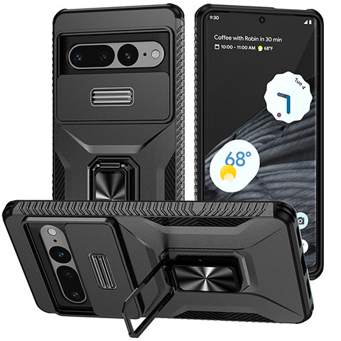 Silikon Hülle Handyhülle und Kunststoff Schutzhülle Hartschalen Tasche mit Magnetisch Ständer MQ1 für Google Pixel 7 Pro 5G Schwarz