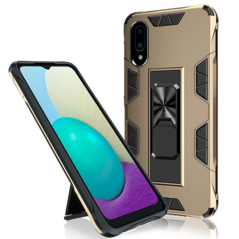 Silikon Hülle Handyhülle und Kunststoff Schutzhülle Hartschalen Tasche mit Magnetisch Ständer MQ1 für Samsung Galaxy A02 Gold