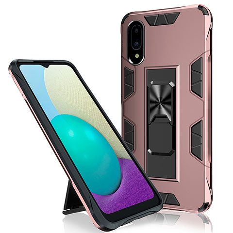 Silikon Hülle Handyhülle und Kunststoff Schutzhülle Hartschalen Tasche mit Magnetisch Ständer MQ1 für Samsung Galaxy A02 Rosegold