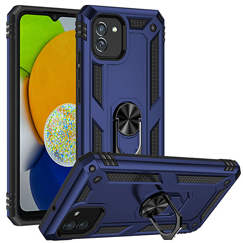 Silikon Hülle Handyhülle und Kunststoff Schutzhülle Hartschalen Tasche mit Magnetisch Ständer MQ1 für Samsung Galaxy A03 Blau