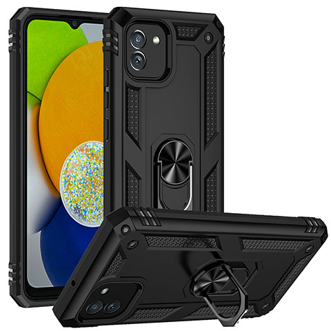 Silikon Hülle Handyhülle und Kunststoff Schutzhülle Hartschalen Tasche mit Magnetisch Ständer MQ1 für Samsung Galaxy A03 Schwarz