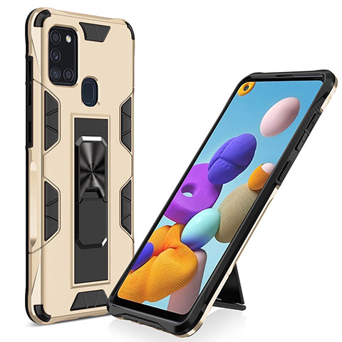 Silikon Hülle Handyhülle und Kunststoff Schutzhülle Hartschalen Tasche mit Magnetisch Ständer MQ1 für Samsung Galaxy A21s Gold