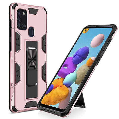 Silikon Hülle Handyhülle und Kunststoff Schutzhülle Hartschalen Tasche mit Magnetisch Ständer MQ1 für Samsung Galaxy A21s Rosegold