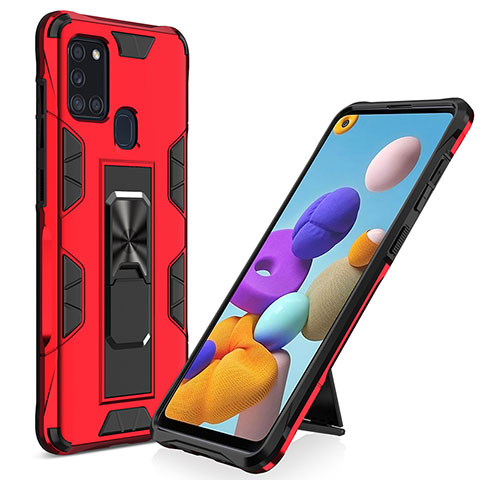 Silikon Hülle Handyhülle und Kunststoff Schutzhülle Hartschalen Tasche mit Magnetisch Ständer MQ1 für Samsung Galaxy A21s Rot