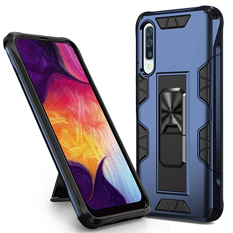 Silikon Hülle Handyhülle und Kunststoff Schutzhülle Hartschalen Tasche mit Magnetisch Ständer MQ1 für Samsung Galaxy A30S Blau