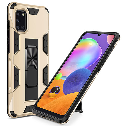 Silikon Hülle Handyhülle und Kunststoff Schutzhülle Hartschalen Tasche mit Magnetisch Ständer MQ1 für Samsung Galaxy A31 Gold