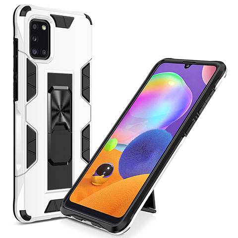 Silikon Hülle Handyhülle und Kunststoff Schutzhülle Hartschalen Tasche mit Magnetisch Ständer MQ1 für Samsung Galaxy A31 Weiß