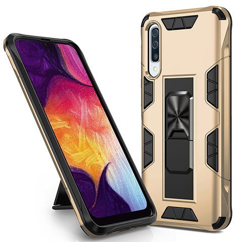 Silikon Hülle Handyhülle und Kunststoff Schutzhülle Hartschalen Tasche mit Magnetisch Ständer MQ1 für Samsung Galaxy A50 Gold