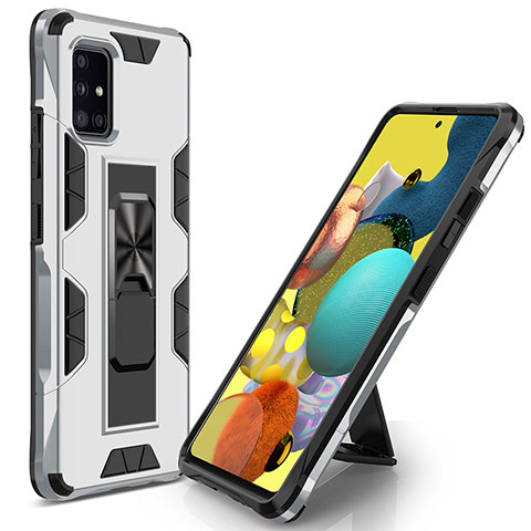 Silikon Hülle Handyhülle und Kunststoff Schutzhülle Hartschalen Tasche mit Magnetisch Ständer MQ1 für Samsung Galaxy A51 4G Silber