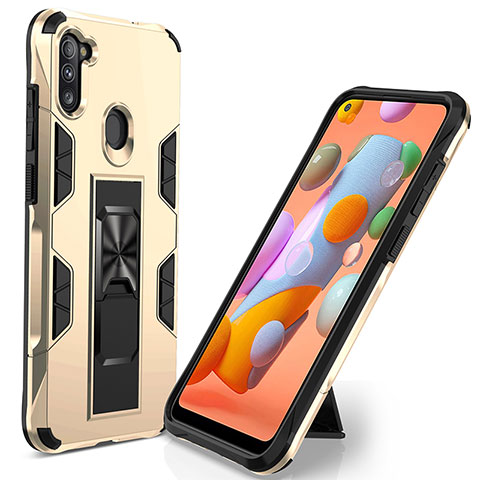 Silikon Hülle Handyhülle und Kunststoff Schutzhülle Hartschalen Tasche mit Magnetisch Ständer MQ1 für Samsung Galaxy M11 Gold