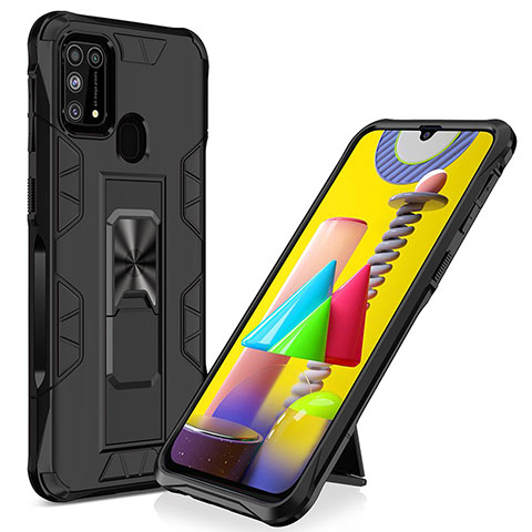 Silikon Hülle Handyhülle und Kunststoff Schutzhülle Hartschalen Tasche mit Magnetisch Ständer MQ1 für Samsung Galaxy M31 Schwarz