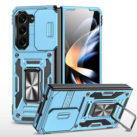 Silikon Hülle Handyhülle und Kunststoff Schutzhülle Hartschalen Tasche mit Magnetisch Ständer MQ1 für Samsung Galaxy Z Fold5 5G Hellblau