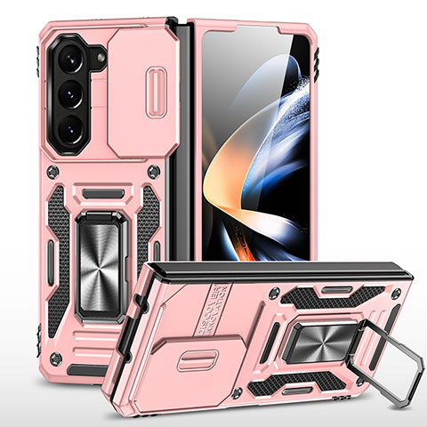 Silikon Hülle Handyhülle und Kunststoff Schutzhülle Hartschalen Tasche mit Magnetisch Ständer MQ1 für Samsung Galaxy Z Fold5 5G Rosegold