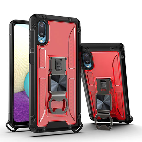 Silikon Hülle Handyhülle und Kunststoff Schutzhülle Hartschalen Tasche mit Magnetisch Ständer QW1 für Samsung Galaxy A02 Rot