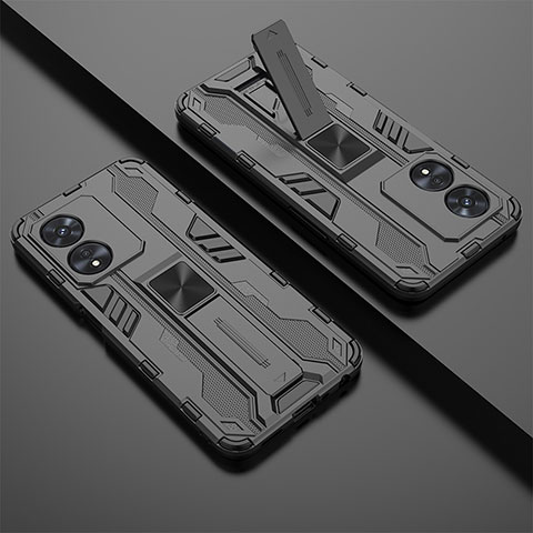 Silikon Hülle Handyhülle und Kunststoff Schutzhülle Hartschalen Tasche mit Magnetisch Ständer T01 für Oppo A1x 5G Schwarz