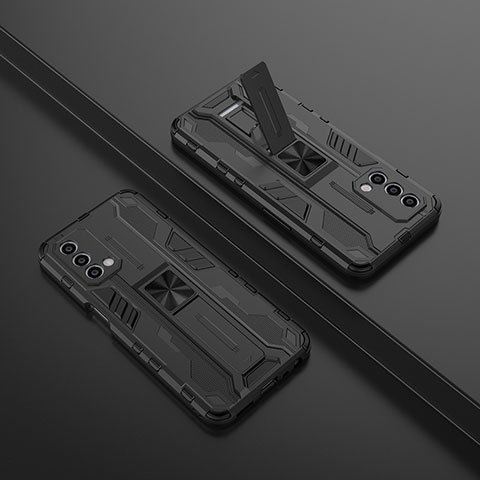 Silikon Hülle Handyhülle und Kunststoff Schutzhülle Hartschalen Tasche mit Magnetisch Ständer T01 für Oppo A54 5G Schwarz