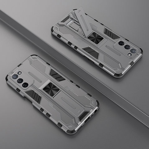 Silikon Hülle Handyhülle und Kunststoff Schutzhülle Hartschalen Tasche mit Magnetisch Ständer T01 für Oppo A55 5G Grau