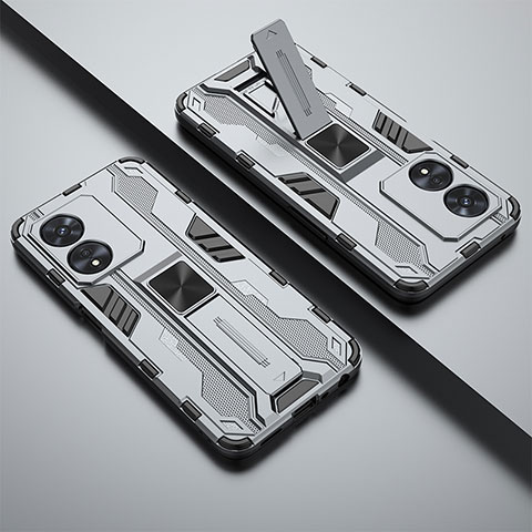 Silikon Hülle Handyhülle und Kunststoff Schutzhülle Hartschalen Tasche mit Magnetisch Ständer T01 für Oppo A98 5G Grau