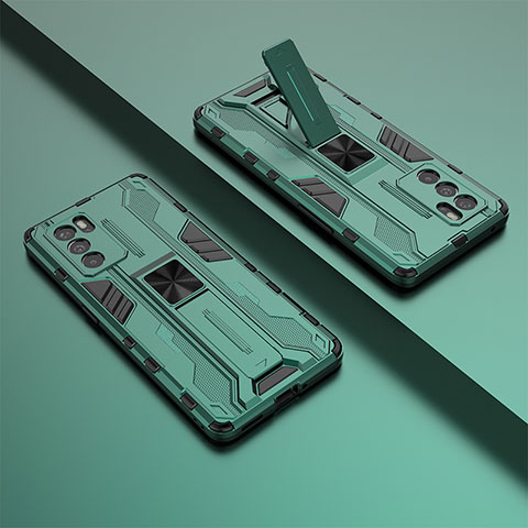 Silikon Hülle Handyhülle und Kunststoff Schutzhülle Hartschalen Tasche mit Magnetisch Ständer T01 für Oppo Reno6 Pro 5G India Grün