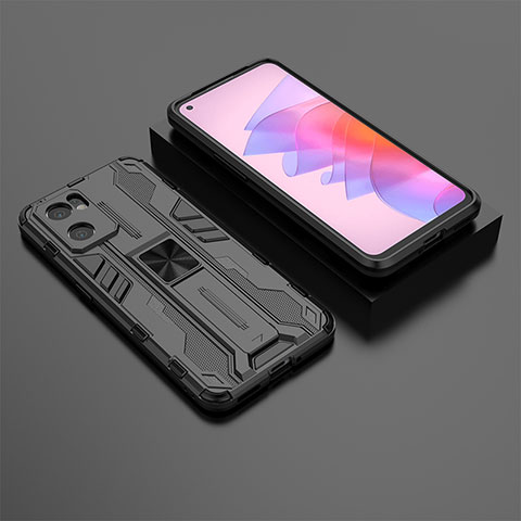 Silikon Hülle Handyhülle und Kunststoff Schutzhülle Hartschalen Tasche mit Magnetisch Ständer T01 für Oppo Reno7 SE 5G Schwarz