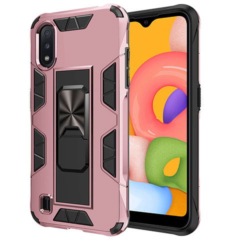 Silikon Hülle Handyhülle und Kunststoff Schutzhülle Hartschalen Tasche mit Magnetisch Ständer T01 für Samsung Galaxy A01 SM-A015 Rosegold