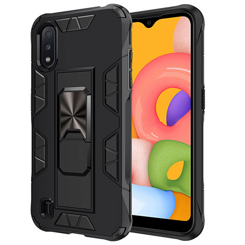 Silikon Hülle Handyhülle und Kunststoff Schutzhülle Hartschalen Tasche mit Magnetisch Ständer T01 für Samsung Galaxy A01 SM-A015 Schwarz