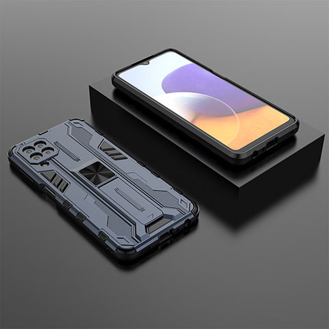 Silikon Hülle Handyhülle und Kunststoff Schutzhülle Hartschalen Tasche mit Magnetisch Ständer T01 für Samsung Galaxy A22 4G Blau