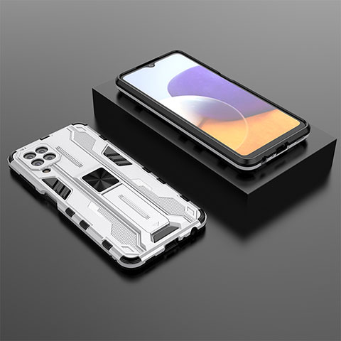 Silikon Hülle Handyhülle und Kunststoff Schutzhülle Hartschalen Tasche mit Magnetisch Ständer T01 für Samsung Galaxy A22 4G Weiß