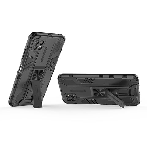 Silikon Hülle Handyhülle und Kunststoff Schutzhülle Hartschalen Tasche mit Magnetisch Ständer T01 für Samsung Galaxy F42 5G Schwarz