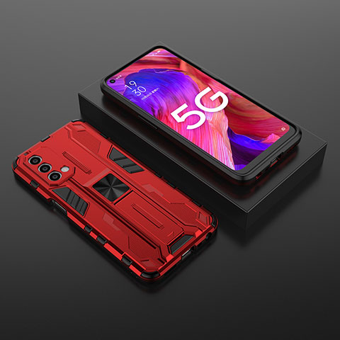 Silikon Hülle Handyhülle und Kunststoff Schutzhülle Hartschalen Tasche mit Magnetisch Ständer T02 für Oppo A93 5G Rot