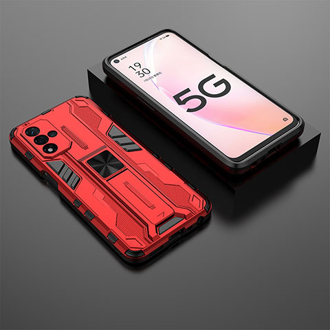 Silikon Hülle Handyhülle und Kunststoff Schutzhülle Hartschalen Tasche mit Magnetisch Ständer T02 für Oppo A93s 5G Rot