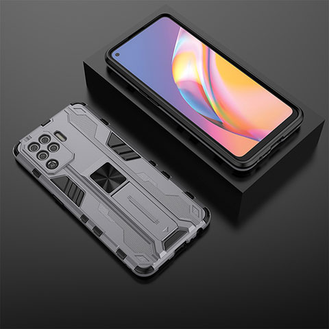 Silikon Hülle Handyhülle und Kunststoff Schutzhülle Hartschalen Tasche mit Magnetisch Ständer T02 für Oppo A94 4G Grau