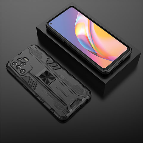 Silikon Hülle Handyhülle und Kunststoff Schutzhülle Hartschalen Tasche mit Magnetisch Ständer T02 für Oppo F19 Pro Schwarz