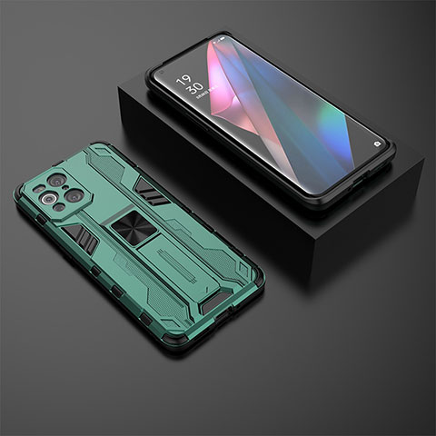 Silikon Hülle Handyhülle und Kunststoff Schutzhülle Hartschalen Tasche mit Magnetisch Ständer T02 für Oppo Find X3 5G Grün