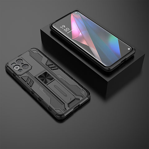 Silikon Hülle Handyhülle und Kunststoff Schutzhülle Hartschalen Tasche mit Magnetisch Ständer T02 für Oppo Find X3 5G Schwarz