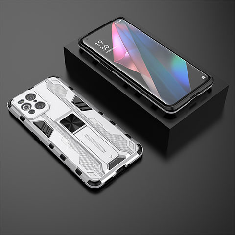 Silikon Hülle Handyhülle und Kunststoff Schutzhülle Hartschalen Tasche mit Magnetisch Ständer T02 für Oppo Find X3 5G Weiß