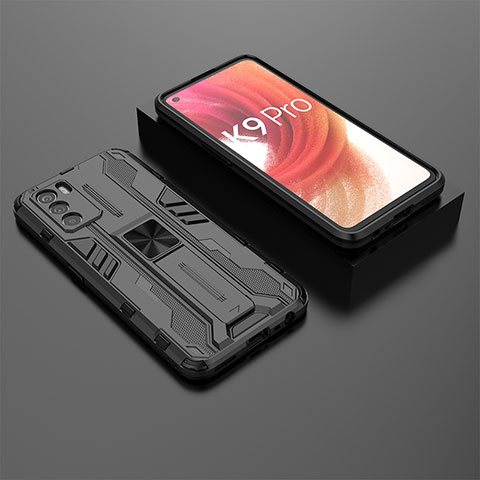 Silikon Hülle Handyhülle und Kunststoff Schutzhülle Hartschalen Tasche mit Magnetisch Ständer T02 für Oppo K9 Pro 5G Schwarz