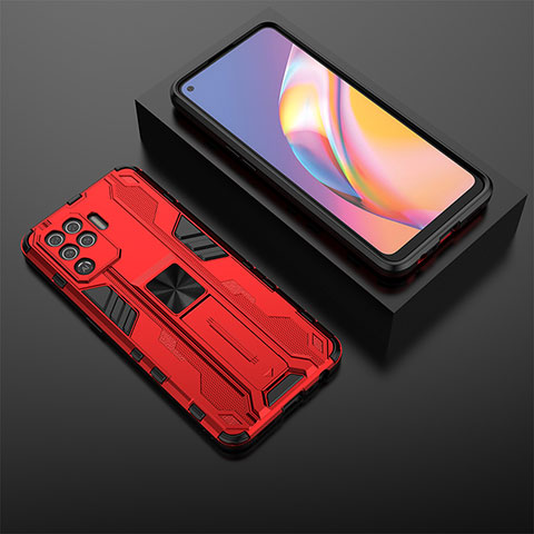 Silikon Hülle Handyhülle und Kunststoff Schutzhülle Hartschalen Tasche mit Magnetisch Ständer T02 für Oppo Reno5 F Rot