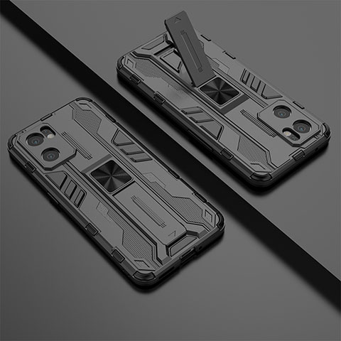 Silikon Hülle Handyhülle und Kunststoff Schutzhülle Hartschalen Tasche mit Magnetisch Ständer T02 für Oppo Reno7 SE 5G Schwarz