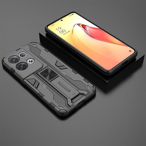 Silikon Hülle Handyhülle und Kunststoff Schutzhülle Hartschalen Tasche mit Magnetisch Ständer T02 für Oppo Reno8 Pro 5G Schwarz