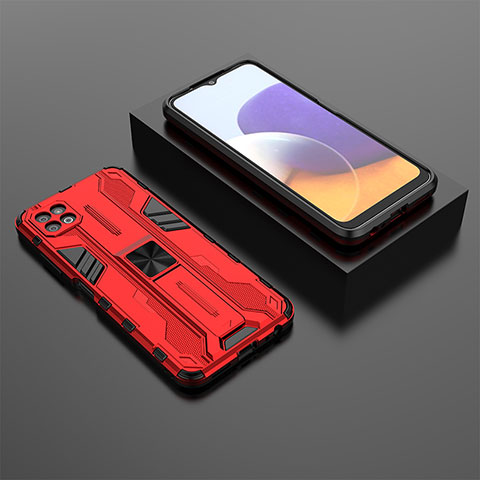 Silikon Hülle Handyhülle und Kunststoff Schutzhülle Hartschalen Tasche mit Magnetisch Ständer T02 für Samsung Galaxy A22 5G Rot