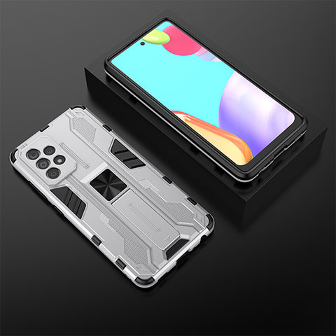 Silikon Hülle Handyhülle und Kunststoff Schutzhülle Hartschalen Tasche mit Magnetisch Ständer T02 für Samsung Galaxy A52 4G Weiß